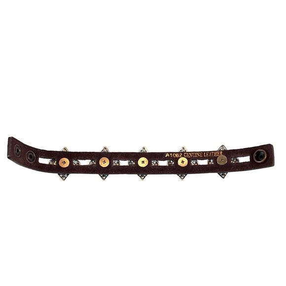 Brown Leather Bracelet w Rhinestone Fleur De Lis Rocker Chic Double Row Station - Picture 8 of 10